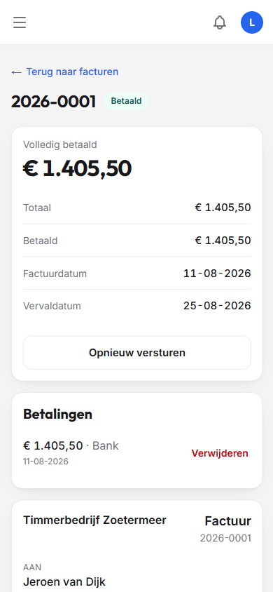 Factuur in de app, volledig betaald